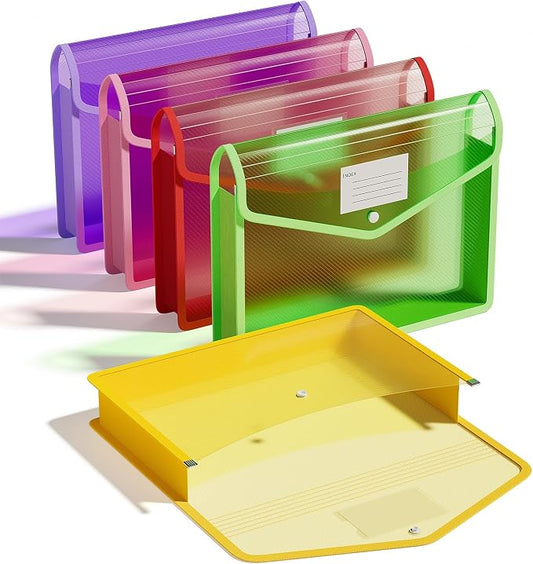 ThinkTex Plastic Expanding File Folders, Transparent Envelopes with Snap Closure, Suitable for Home, Office, School, Large Capacity, No Dividers, Dopamine 5-Color, Fits Letter/A4 Size - 5 Pack