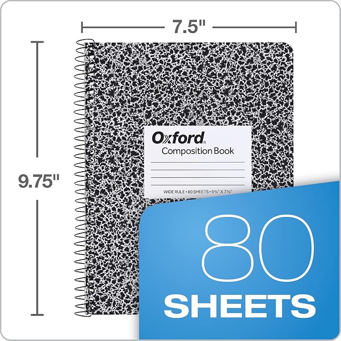 Oxford Spiral Composition Notebooks, Wide Ruled Paper, 9-3/4 x 7-1/2 Inches, 80 Sheets, Black Marble Cover (64950), 4 Count (Pack of 6)