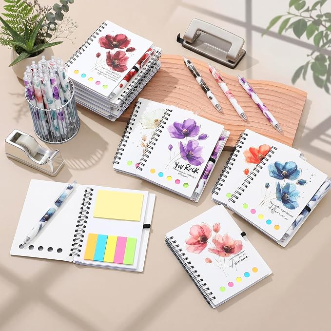 Honoson 30 Set Back to School Teacher Appreciation Gifts Bulk Inspirational Notebook with Sticky Note and Bamboo Pen Set Coworker Thank You Gifts for Employee Team Staff Office Group (Floral)