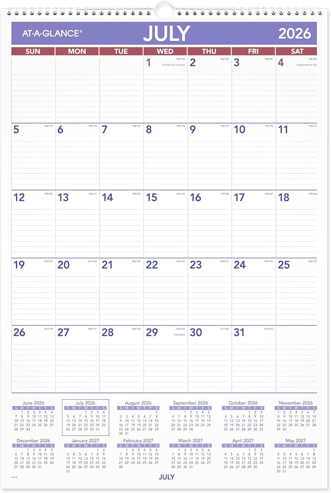 AT-A-GLANCE Wall Calendar 2026-2027 Planner, Academic 12-Month July-June, Monthly, 15-1/2" x 22-3/4", Ruled Daily Blocks (AY328)