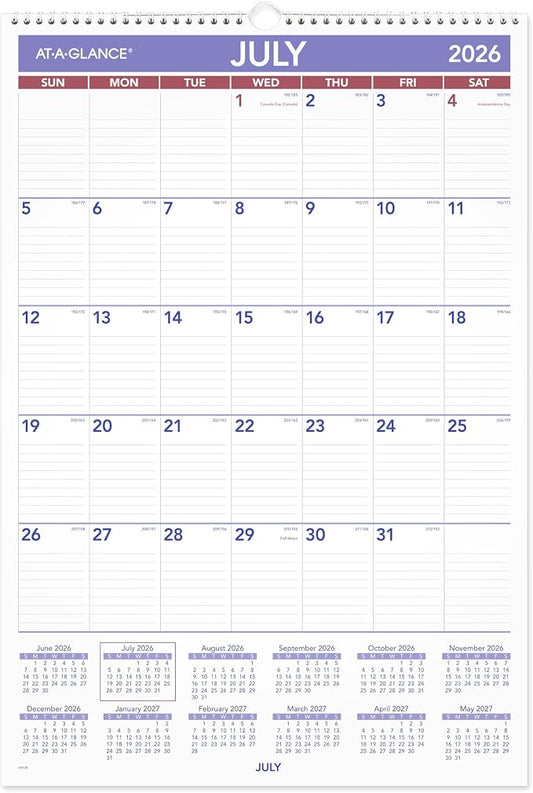 AT-A-GLANCE Wall Calendar 2026-2027 Planner, Academic 12-Month July-June, Monthly, 15-1/2" x 22-3/4", Ruled Daily Blocks (AY328)