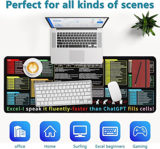 Excel Cheat Sheet Desk Pad - Large Mouse Pad - Excel Cheat Sheet Desk Mat, Non-Slip Base Mousepad Suitable for Office, Computer Games, Desk Mat and More (31.5" x 11.8")