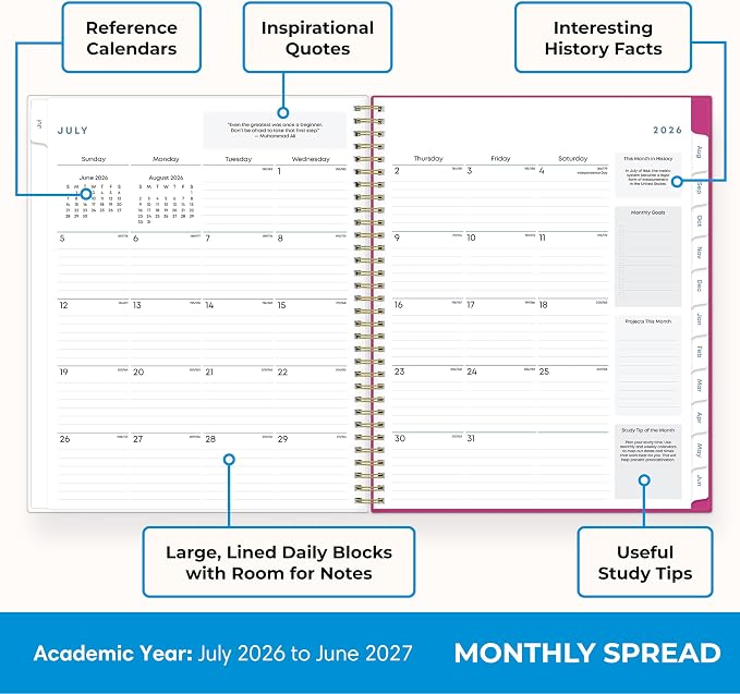 Blue Sky 2026-2027 Weekly and Monthly Academic Year Student Planner Calendar, July 2026 - June 2027, 8.5" x 11", Flexible Cover, Wirebound, Laminated Tabs, Star Confetti Bright
