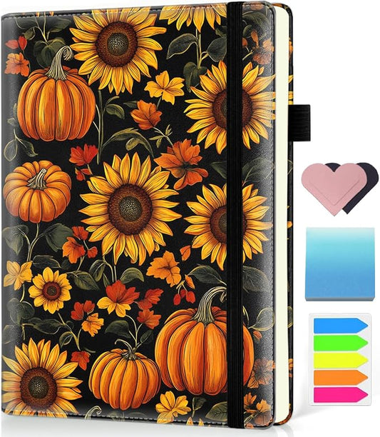 Hardcover Executive Notebooks, A5 PU Leather Lined Journal Notebook, 200 Pages Thick Paper Subject Notebooks for School,Work,Home Writing Business Notebook, Diary Book ，Pumpkin Sunflower