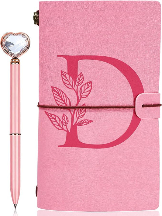 Personalized Journal Gift-Pink Initial Leather Journal+Heart Diamond Pen Set,Travel Notebook Diary Gifts,Refillable Notepads,Christmas,Birthday Gifts for Women Girls (7.9"x4.7") (D)