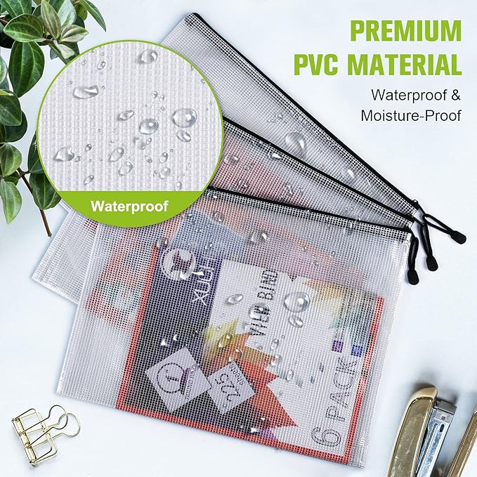 A3 Mesh Zipper Pouch Bag, 6PCS Waterproof Plastic Mesh Zipper Bag, Black | 17×12 Inch Tear-Resistant Document Pouch, Extra Large Zip File Bags, for School Classroom Office Supplies Home Travel Storage