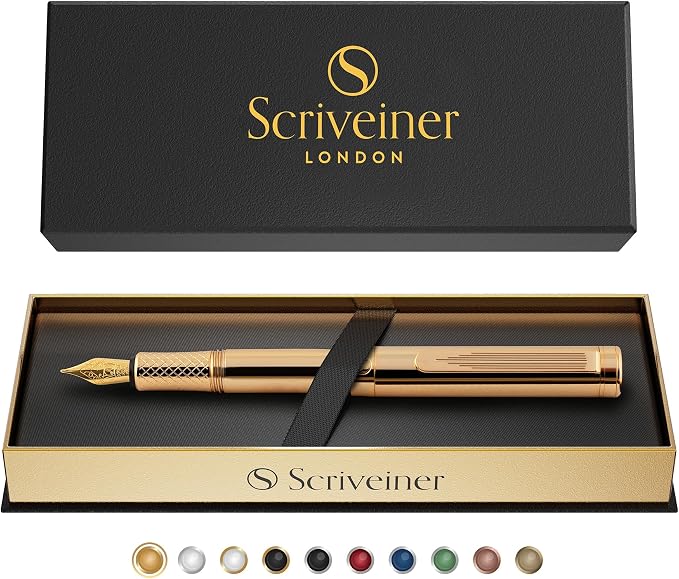 Scriveiner Gold Luxury Fountain Pen (Fine) - Award Winning - Heavy Pocket Stunning Luxury Pen, Real Gold Plating, German Nib & Converter, Nice Gift Pens for Men & Women