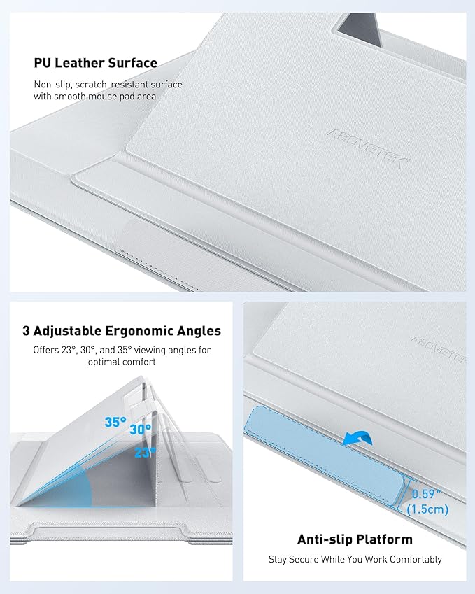 AboveTEK Adjustable Laptop Lap Desk, 3 Ergonomic Angles, PU Leather Non-Slip Surface, Heat Shield, Retractable Mouse Pad, Portable Laptop Lap pad for Bed, Sofa, Travel (Light Gray)