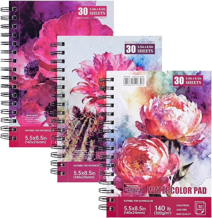 3 Pack 90 Sheet Watercolor Paper Pad 5.5“ x 8.5”, 140lb/300 GSM Cotton Cold Press Spiral Bound Pad Watercolor Sketchbook for Adults, Mixed Media,Markers, Art Painting, Journal