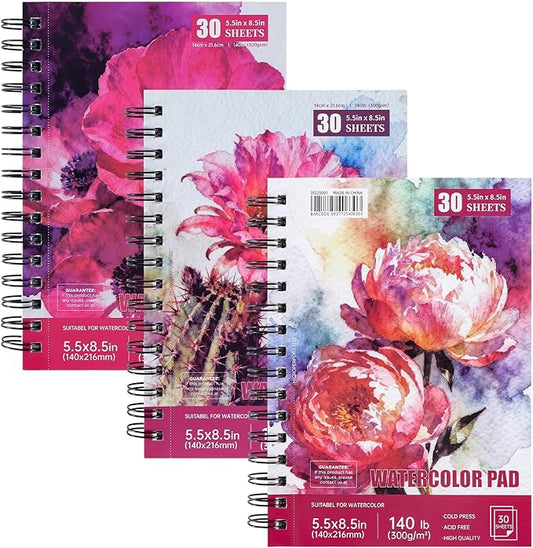 3 Pack 90 Sheet Watercolor Paper Pad 5.5“ x 8.5”, 140lb/300 GSM Cotton Cold Press Spiral Bound Pad Watercolor Sketchbook for Adults, Mixed Media,Markers, Art Painting, Journal