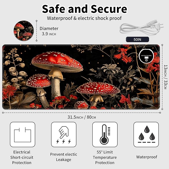 Warm Desk Pad,Heated Desk Pad,Office Mat,3 Heating Levels & 3 Hours Auto Shut-Off,31.5"*13" Gaming Mouse Laptop Keyboard Leather Desk Mat,Red Mushroom Forest