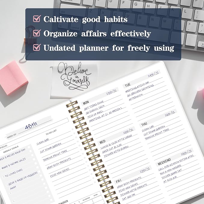 Undated Weekly Planner with To-Do List & Habit Tracker, 5.7" x 8" | 52 Weeks, 2-Page Weekly Spreads, Spacious Writing Space, No-Bleed Paper, Smooth Writing, Waterproof PVC Cover, Spiral Bound