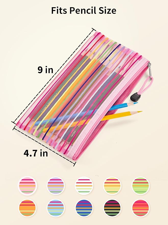 JARLINK Zipper Mesh Pouch, 120 Pcs multi-use Pencil Pouches in 10 Colors | Multipurpose Pencil Pouch Bulk for School, Office Supplies, Cosmetics, Makeup&Travel Accessories, Mixed Color