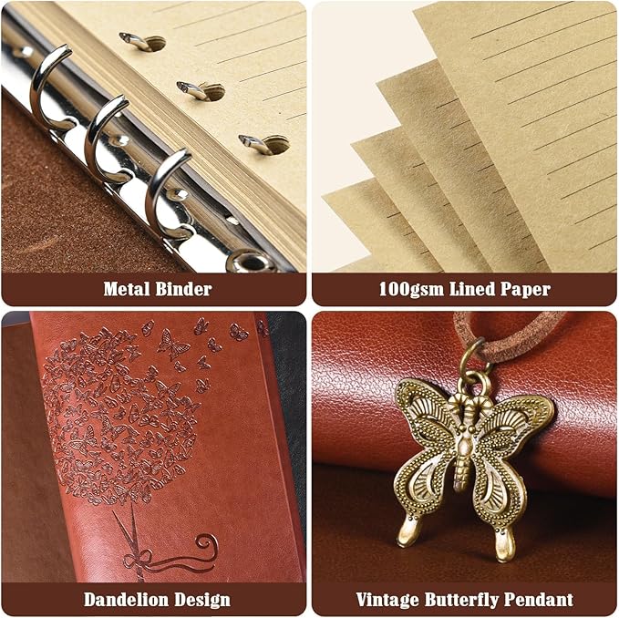 6 Pack Leather Notebook Journal, Travel Journal Bulk, Refillable Vintage Journals for Writing, Diary Gifts for Women, Men, Girls, Boys, 100GSM Lined Paper, Each 160 Pages & 2 Pockets (A5, 9.2" x 6.5")