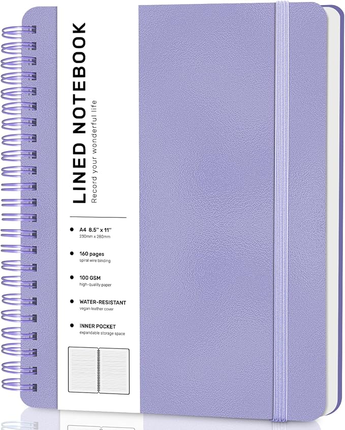 Lined Spiral Journal Notebook with 160 Pages, 8.5×11in, A4 Spiral Notebook, Journaling Notebooks for Work, School, Women, Men, College Ruled Spiral Notebook, Hardcover Leather Journals, Purple