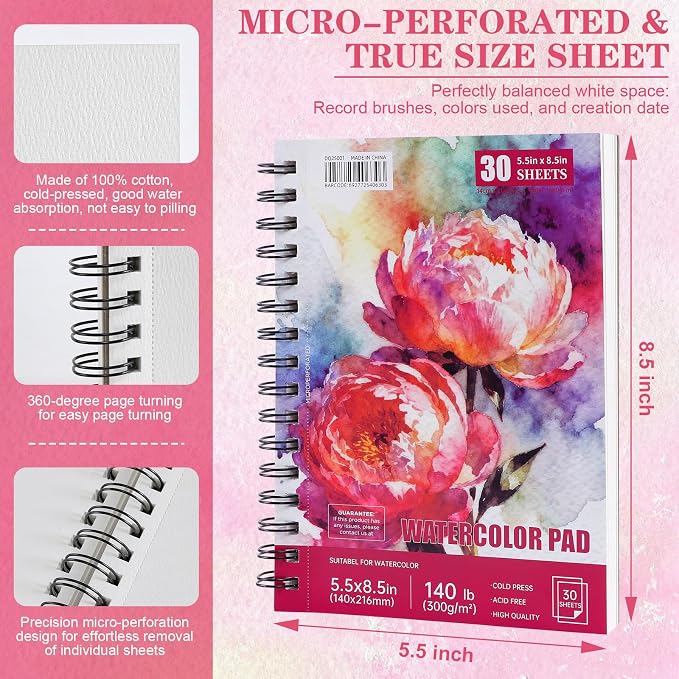 3 Pack 90 Sheet Watercolor Paper Pad 5.5“ x 8.5”, 140lb/300 GSM Cotton Cold Press Spiral Bound Pad Watercolor Sketchbook for Adults, Mixed Media,Markers, Art Painting, Journal