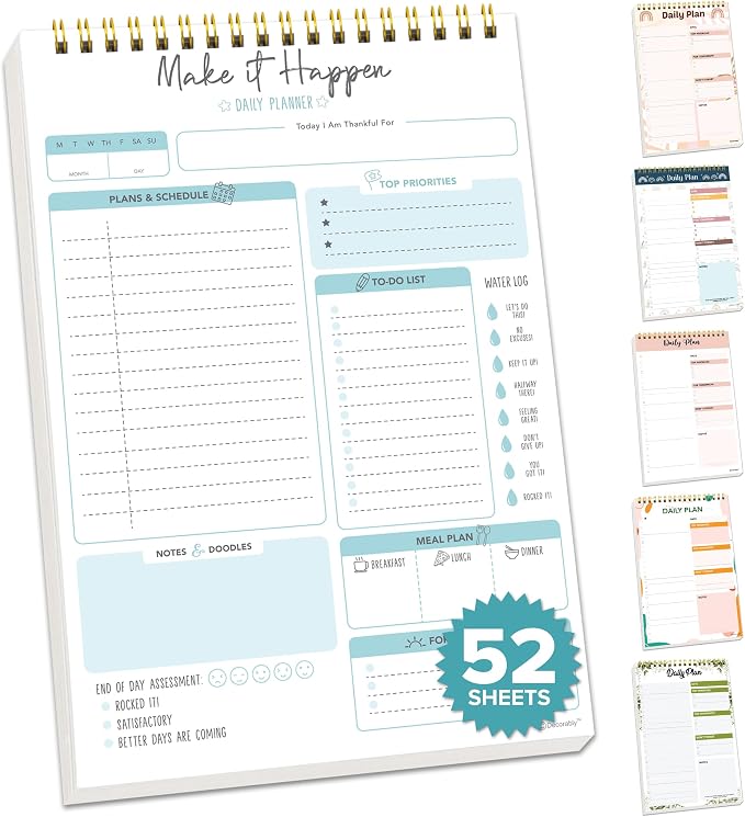 Decorably 52 Sheets Blue Undated Make It Happen Notepad - 6.5x10in Spring-Bound Daily Planner Tear Off for Schedule, Priorities, Agenda, Water Intake, Meals, Notes and Doodles - Home, Office