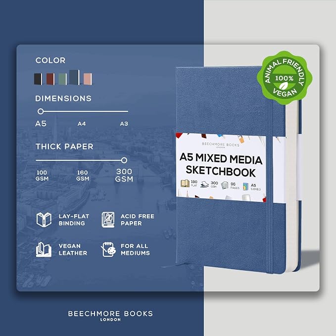 Beechmore Books 300 GSM Heavyweight Mixed Media Sketchbook A5 5.8"x8.3" - 96 Pages, Vegan Leather Hardcover Professional Art Journal for Paintings, Gouache and Ink