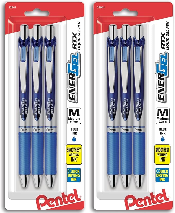 Pentel EnerGel Deluxe RTX Gel Ink Pens,0.7 Millimeter Metal Tip,Blue Ink,(BL77BP3C),3 Count (Pack of 2)