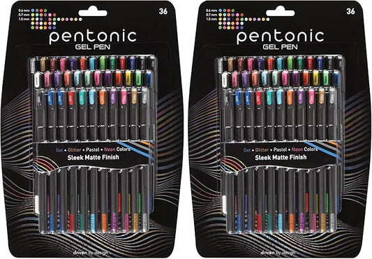 Pentonic Gel Pens, 36 Count, 36 Assorted Colors (Assorted Color, Neon, Pastel & Glitter), Medium & Fine Point, Smooth Writing For Journaling (1002358) (Pack of 2)