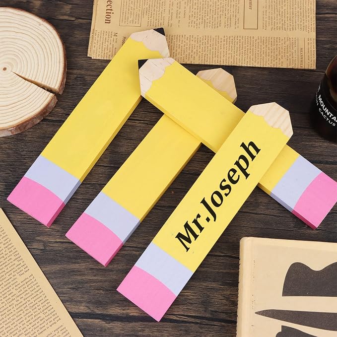 6 Pieces 9.8 x 2'' Pencil Teacher Name Plates Set Includes 4 PCS of Pencil Name Sign and 2 PCS of English Letter Template, Personalized Pencils Name Plate, Teacher Desk Name Plate for Desk Decor