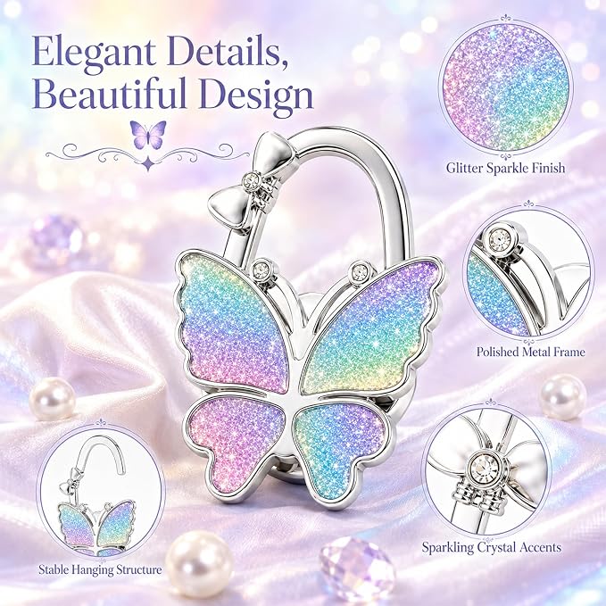 Purse Hook for Table, Foldable Handbag Hanger for Women, Portable Bag Holder with Non-Slip Base, Cute Matte Colorful Glitter Butterfly Purse Table Hook for Restaurant Office Travel Gift