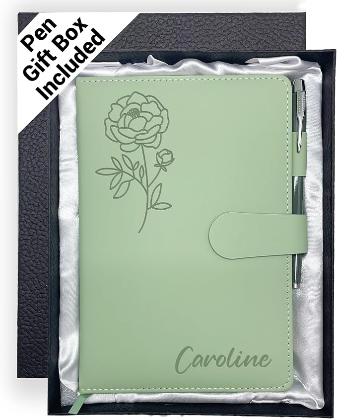 Personalized Leather Journal with Gifts Box & Pen, Birthday Gifts for Women | Custom Notebooks Diary with Engraved Birth Flower Name, Christmas Office Gift for Bridesmaid Students Teacher Mom Friend