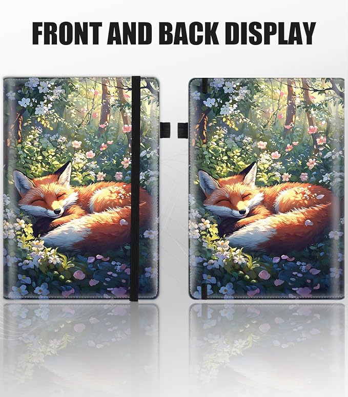Hardcover Executive Notebooks, A5 PU Leather Lined Journal Notebook, 200 Pages Thick Paper Subject Notebooks for School,Work,Home Writing Business Notebook, Diary Book ，Cute Fox and Flowers