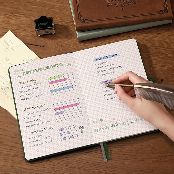 AHGXG Graph Grid Paper Notebook, 192 Pages, A5 Medium Size (5.7'' x 8.3'') | 5 Squares per Inch, Leather Hardcover, 100 GSM Thick Paper, for School, Students, Math, Engineering (Light Green)