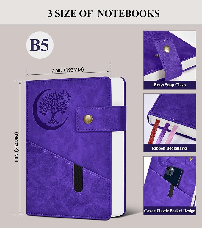 PAIBAS 7.6 x 10 Lined Notebook Journal 366 Pages Leather Journal for Women | Large notebook B5 journal with 100gsm lined notebook paper college ruled, 3 ribbon bookmarks, cover pocket & brass snap.