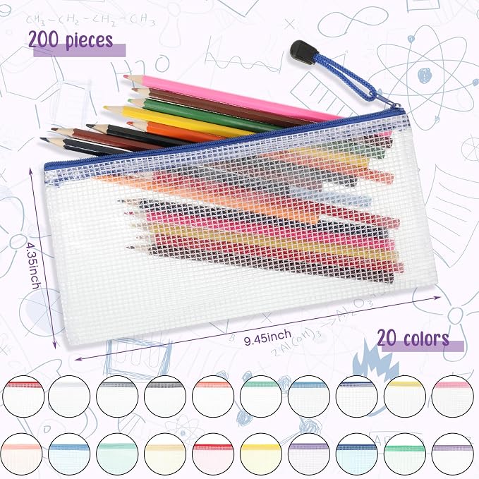 Zhehao 200 Pieces A6 Mesh Zipper Pouch Bulk Mesh Bags with Zipper Waterproof Small Pencil Pouches for Office Supplies Organization 9.4 x 4.5 Inches(Multiple Colors)