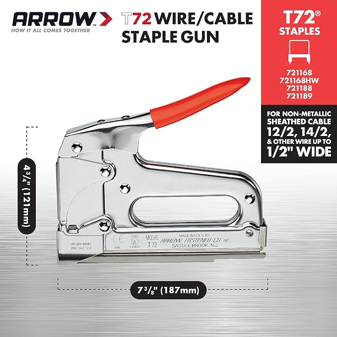 Arrow T72 Heavy Duty Wire and Cable Staple Gun, Manual Stapler | Staple Gun for Installing Wiring for Telecommunications, Internet, and Computer Cables, uses T72 Insulated Staples