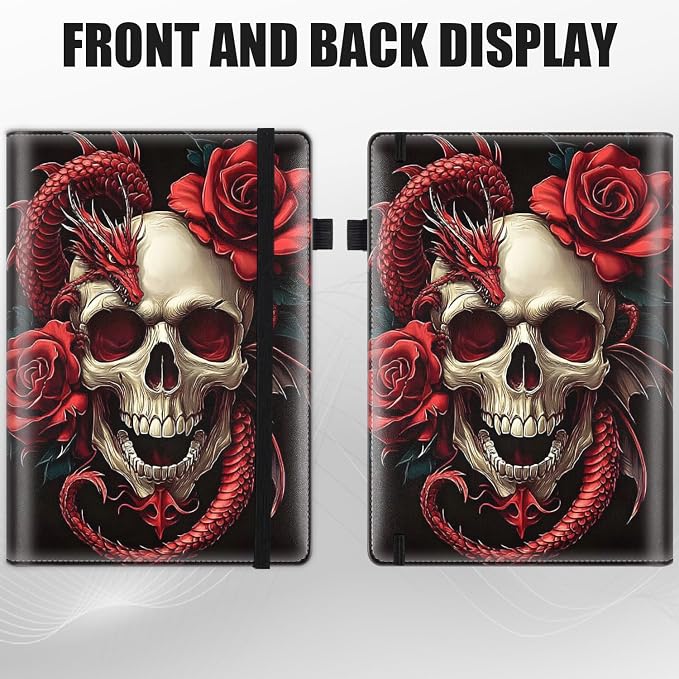 Hardcover Executive Notebooks, A5 PU Leather Lined Journal Notebook, 200 Pages Thick Paper Subject Notebooks for School,Work,Home Writing Business Notebook, Diary Book, Red Dragon and Skull Flowers