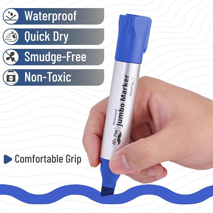 Mr. Pen- Jumbo Permanent Markers, 4 Pack, Blue, Chisel Tip, Wide Tip, Large | Thick Permanent Markers for Canvas, Posters Board, Fabric, Window, Glass, Wood, Waterproof, Quick Dry