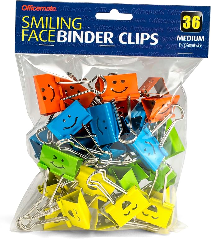 Officemate Smiling Face Binder Clips, Medium, Assorted Colors 36 Pcs, Paper Clamps for Office,Teacher Gifts, School and Home (31095) (Pack of 6)