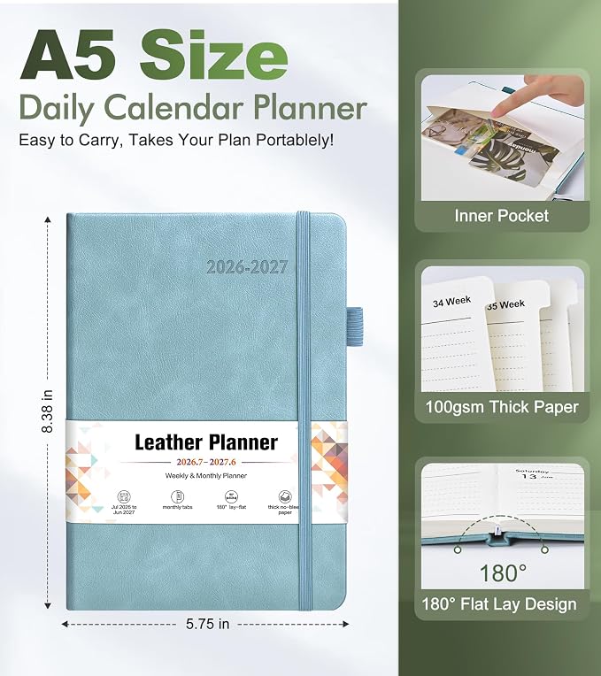 Planner 2026-2027, Academic Weekly and Monthly Calendar Planner from July 2026 - June 2027, Hardcover Leather Daily Agenda Book with Tabs, College School Organizer for Student Teacher, A5 (5.75" x 8.38"), Blue