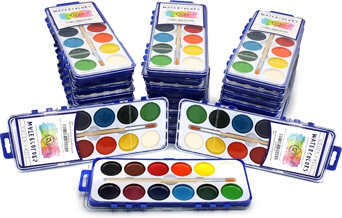 Watercolor Paint Pack with Wood Brushes 12 Washable Colors (1 Count (Pack of 36))
