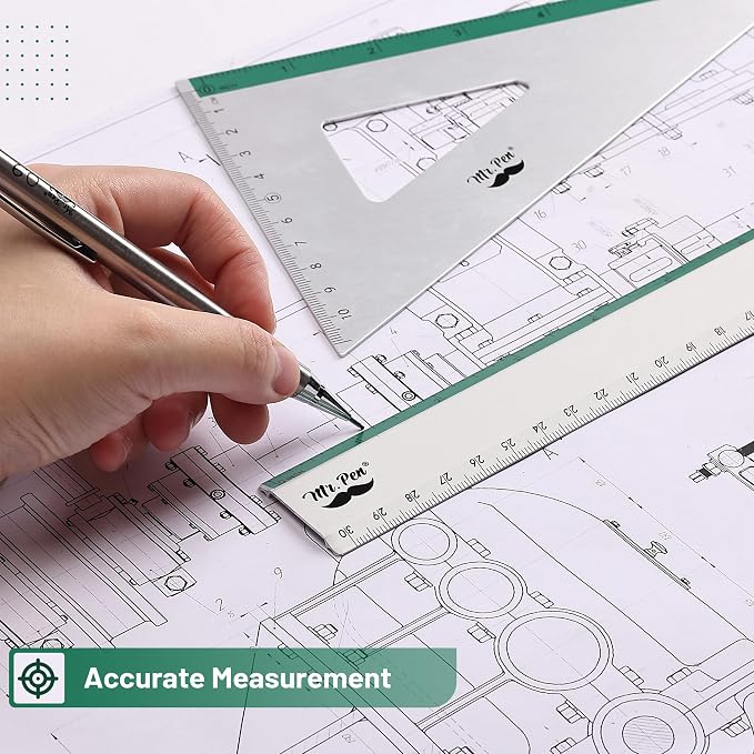 Mr. Pen- Metal Geometry Kit, 4 Pack, 45° & 30°/60° Set Squares | 6" Protractor & 12" Ruler, Durable Metal Drafting Tools for Technical Drawing, Math, Engineering & Architecture