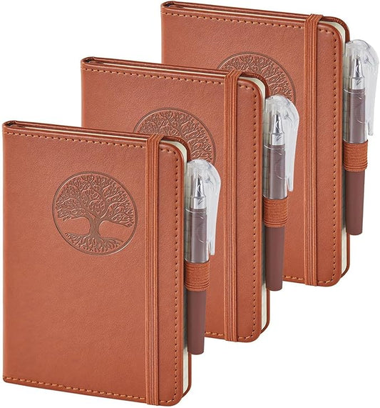 3 Pack Pocket Journal Notebooks, A6 Small Mini Notepad with Pens, 3.7" x 5.7" Leather Hardcover Note Book for Women/Men Work, 400 Pages 100GSM Lined Paper, Brown