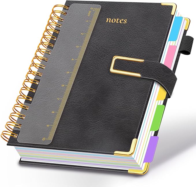 Hardcover Spiral Notebook College Ruled, 8.5"x11" Leather Journal Notebook with Magnetic Closure, 300 Pages 5 Subject Notebook with Dividers Tabs Journal for Women Men, Work, School