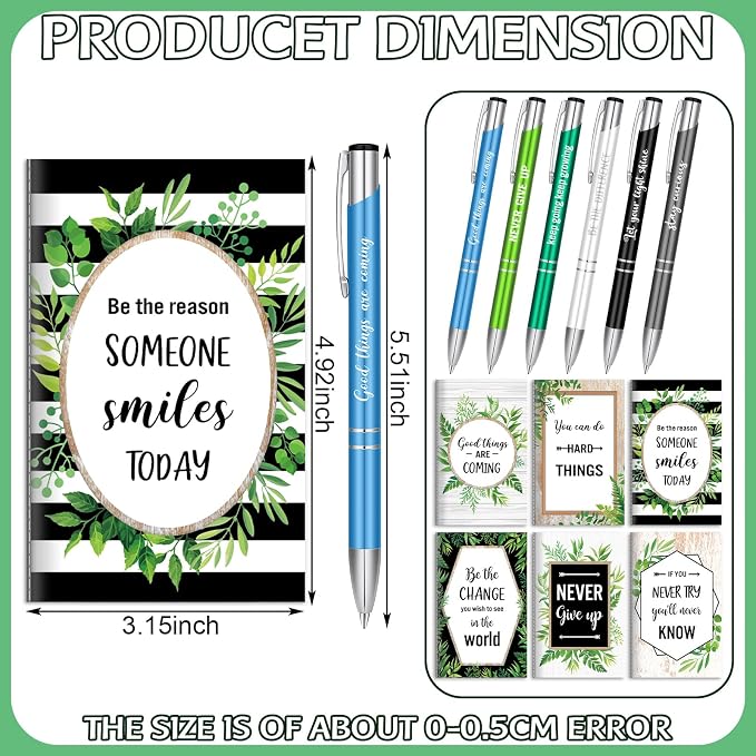Geyee 24 Pcs Mini Motivational Pens Inspirational Notepads Bulk Appreciation Gifts Small Journals Funny Ballpoint Pen Set Prizes Men Women Office Travel Party Favors(Eucalytus)