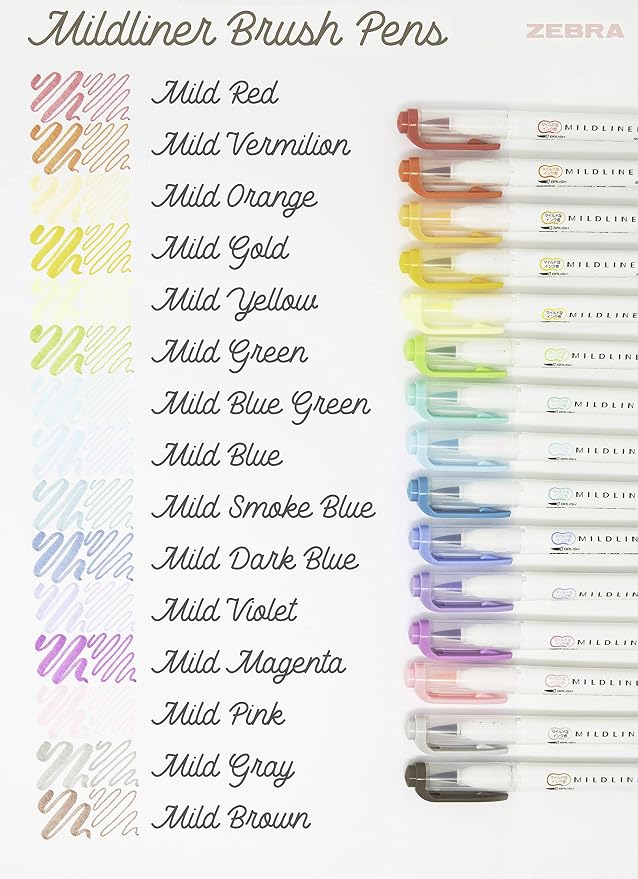 Zebra Pen MILDLINER No Bleed Brush Pen, Assorted Soft, Dual Tip, 15-Pack | Paint Brush Like Tip and Fine Point Marker, Ideal for Calligraphy, Journaling, Planners, Drawing and Illustration (79115)