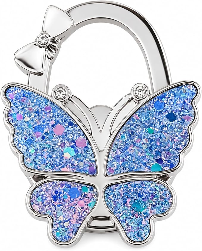 Purse Hook for Table, Foldable Handbag Hanger for Women, Portable Bag Holder with Non-Slip Base, Cute Star Blue Butterfly Purse Table Hook for Restaurant Office Travel Gift