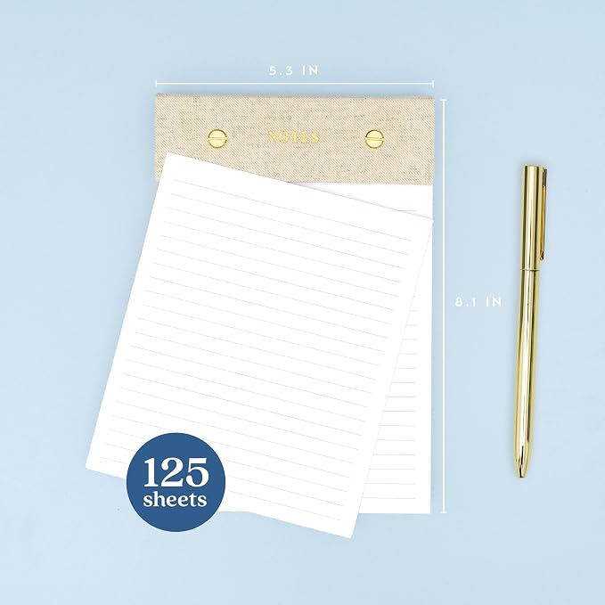 ELYN Lined Notepad, Aesthetic Linen Memo Pad With Matching Gold Gel Pen, 125 Sheets, 8.1 x 5.3 in - 100 GSM Premium Thick Paper, Perforated Pages & Hard Linen Backing, For Work, School or Home (Linen)