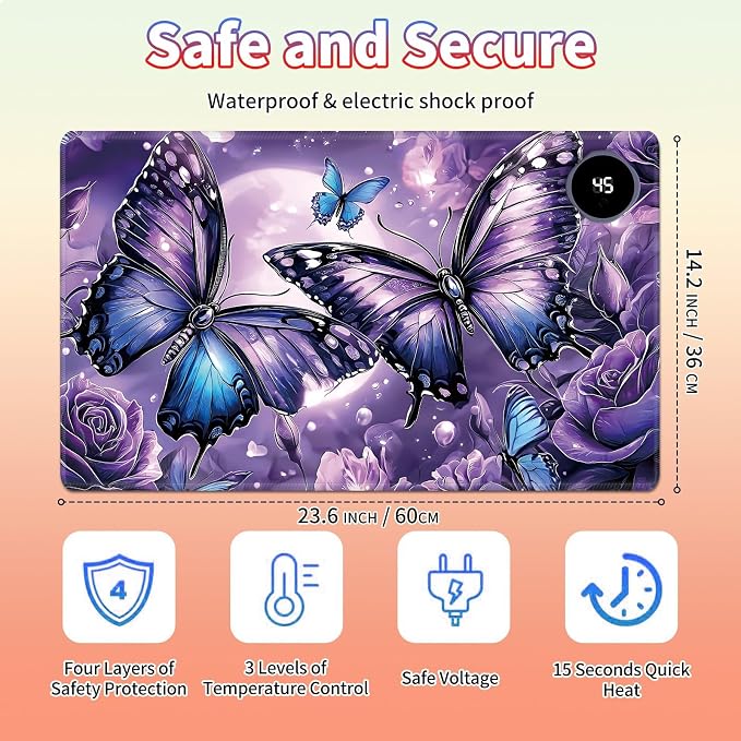 Heated Desk Pad Large Mouse Pad 23.6 x 14.1 inch with 3 Levels Heating & Auto Shut-Off Warm Mouse pad PU Leather Computer Mousepad for Home Office Work - Purple Rose and Butterflies