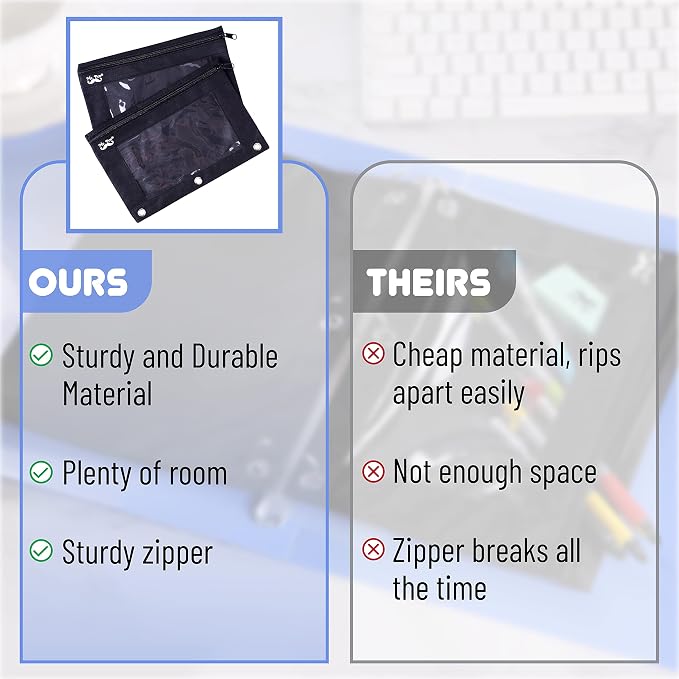 Mr. Pen- Pencil Pouch for 3 Ring Binder, 2 Pack, 10"x6.75", Smooth Zipper | Clear Window, Large Capacity Pencil Case with 3 Reinforced Grommets for School, Office, Supplies Storage | Clear Window, Large Capacity Pencil Case with 3 Reinforced Grommets f...