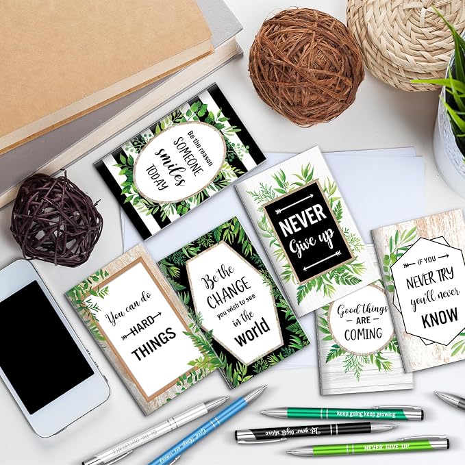 Geyee 24 Pcs Mini Motivational Pens Inspirational Notepads Bulk Appreciation Gifts Small Journals Funny Ballpoint Pen Set Prizes Men Women Office Travel Party Favors(Eucalytus)