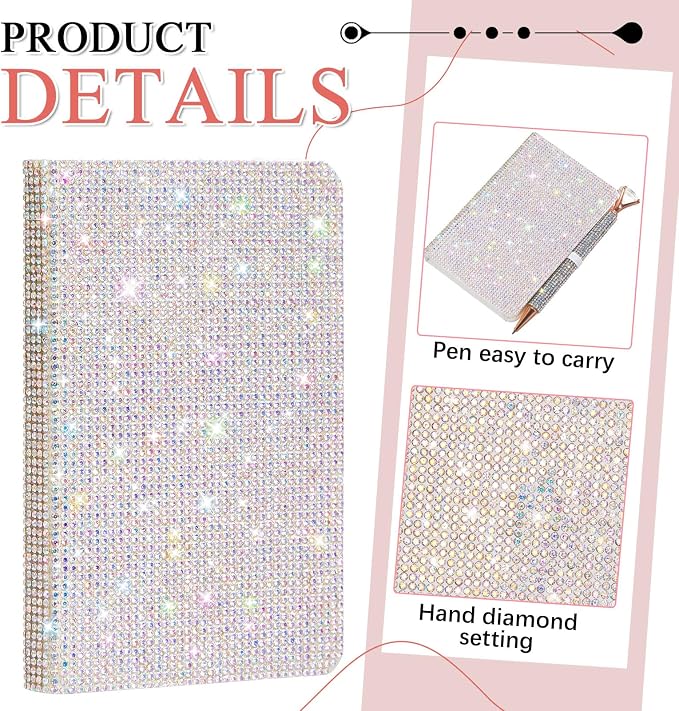 Rhinestone Pen & Glitter Notebook Set, Hard Cover Bling Diary Journal for Girls, Cute School Supplies for Back to School, Sparkly Desk Accessories Gift for Women(Rhinestone,A6,Silver)