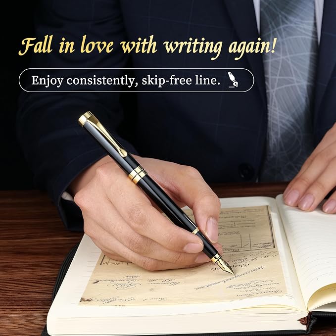 MCNTEIK Fountain Pen-Luxury Black and Gold Finish, 18K Gilded Nib(Fine), Smooth Ink Flow, Complete Set with 4 Black Ink Cartridges, Converter & Gift Box-Ideal for Professionals, Office, Journaling