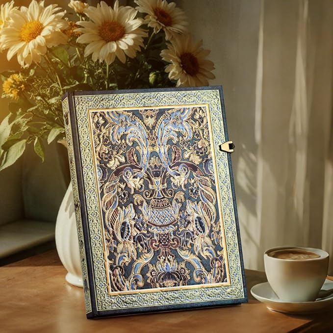 3D Hot Stamp Nocturne Blue Hardcover Journal - 192 Blank Lined Pages w/Envelope Pocket - Deep Blue & Gold Totem Design for Students, Travel Diary & Anniversary
